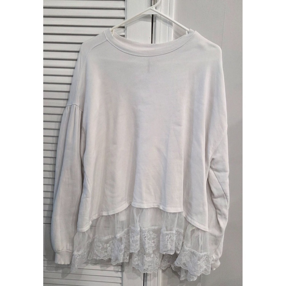 Anthropologie White Long Sleeve Sweatshirt Lace Fringe Trim XS